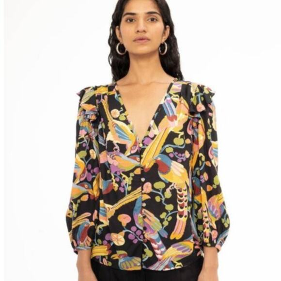 Banjanan Elise Long Sleeve Top Blouse Jet Black Print BFA23TV662 XS Xsmall NEW - Picture 1 of 5